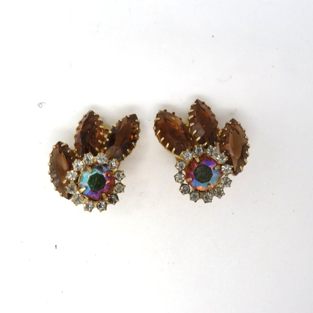 Vintage Clip On Earrings Rootbeer Brown Aurora Borealis Rhinestone Prong Setting